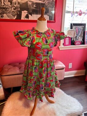 Briton Court Bright Green Floral Ruffle Mini Dress with Pink Accents Medium